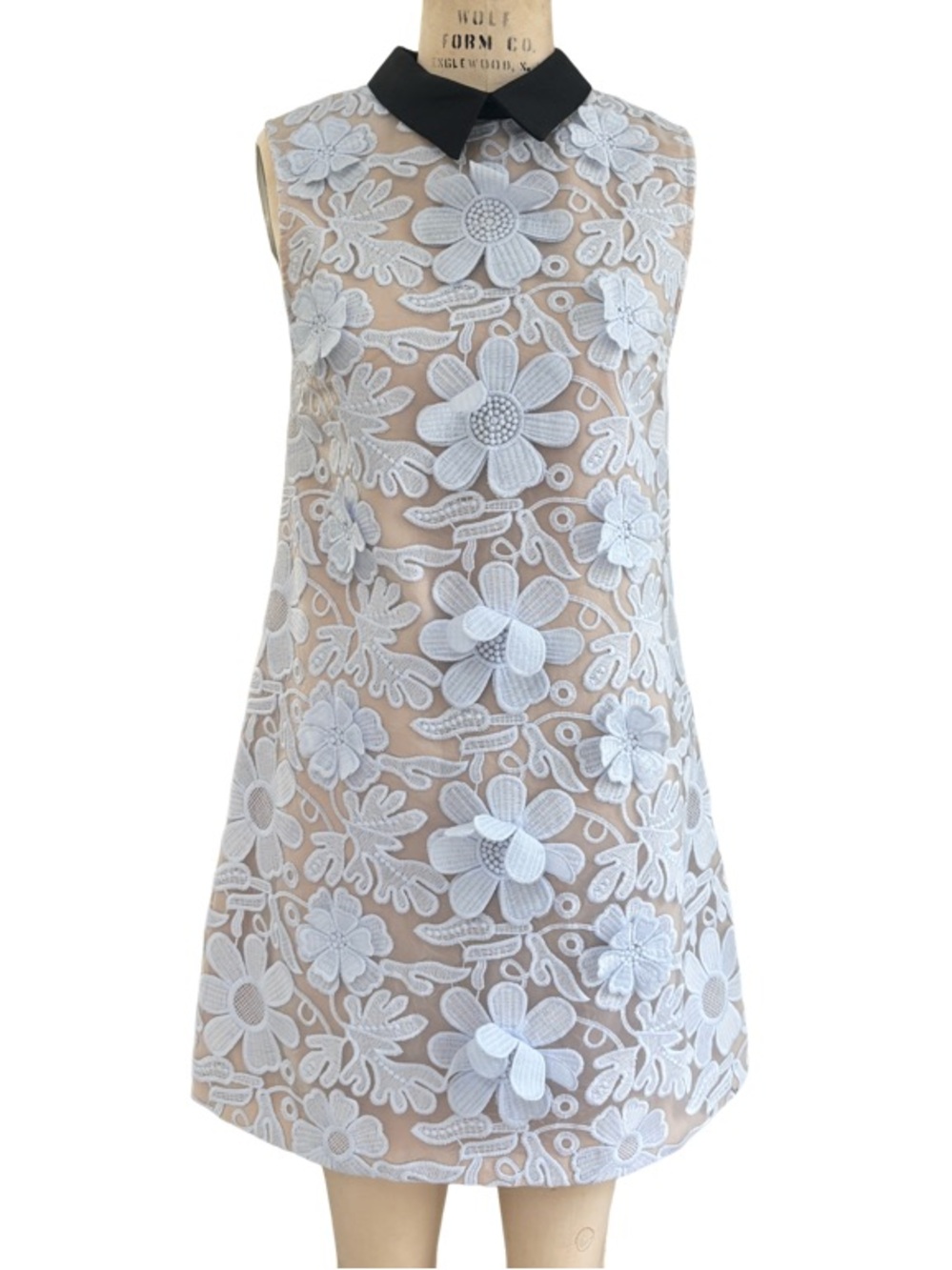 English Factory 3D Floral Lace Mini Dress with Black Collar in Blue Size S